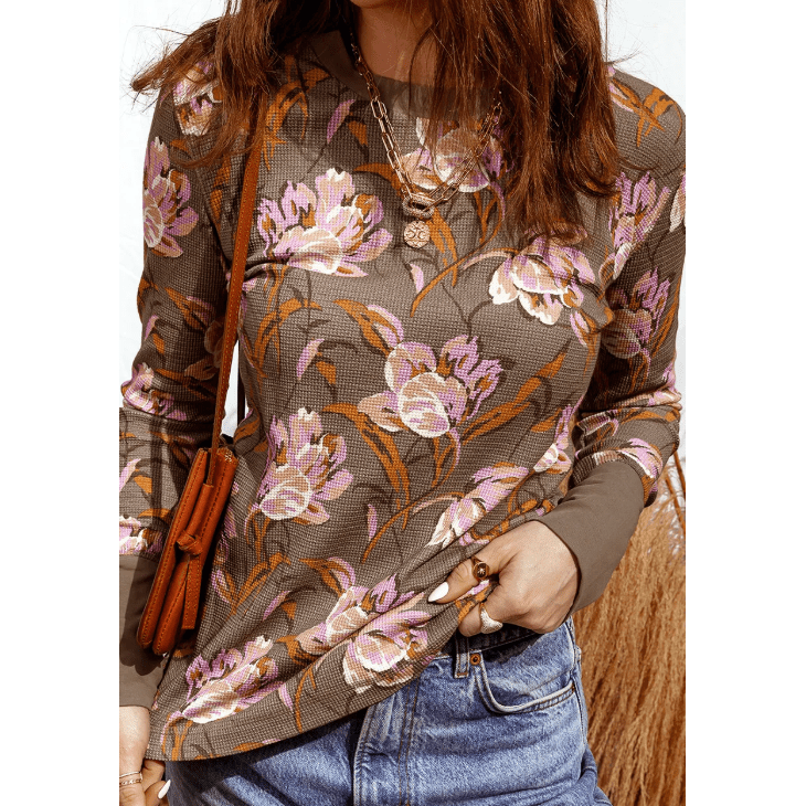 Stevie Brown Floral Print Waffle Textured Long Sleeve Top