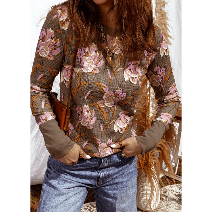 Stevie Brown Floral Print Waffle Textured Long Sleeve Top