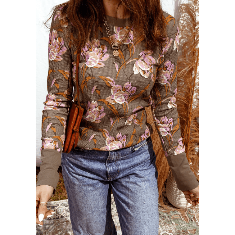 Stevie Brown Floral Print Waffle Textured Long Sleeve Top
