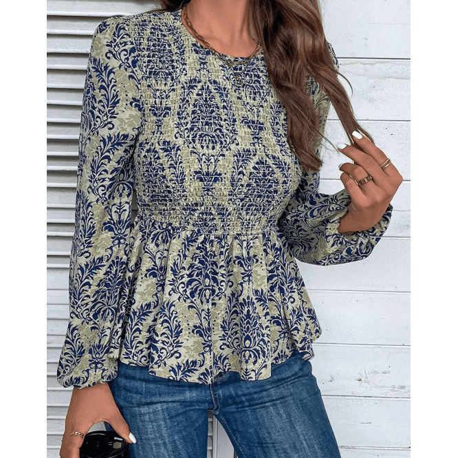 Terrie Sky Blue Boho Printed Balloon Sleeve Smocked Peplum Blouse