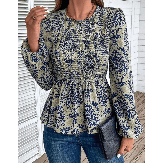 Terrie Sky Blue Boho Printed Balloon Sleeve Smocked Peplum Blouse