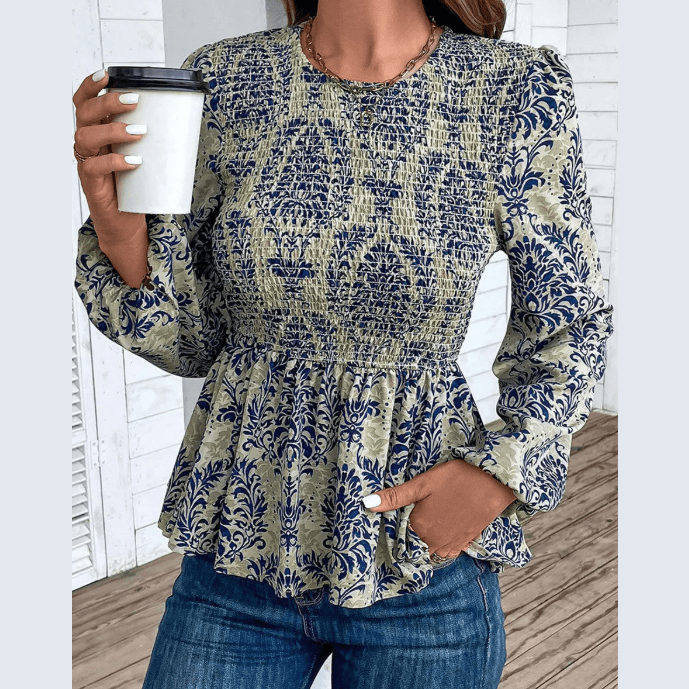 Terrie Sky Blue Boho Printed Balloon Sleeve Smocked Peplum Blouse