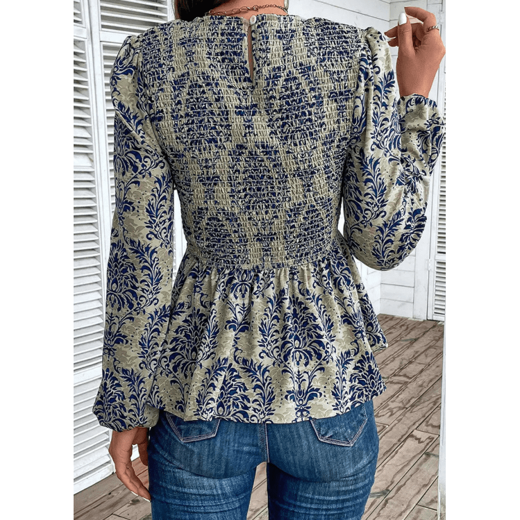 Terrie Sky Blue Boho Printed Balloon Sleeve Smocked Peplum Blouse