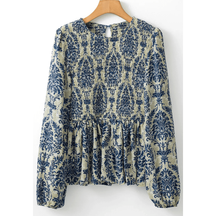 Terrie Sky Blue Boho Printed Balloon Sleeve Smocked Peplum Blouse