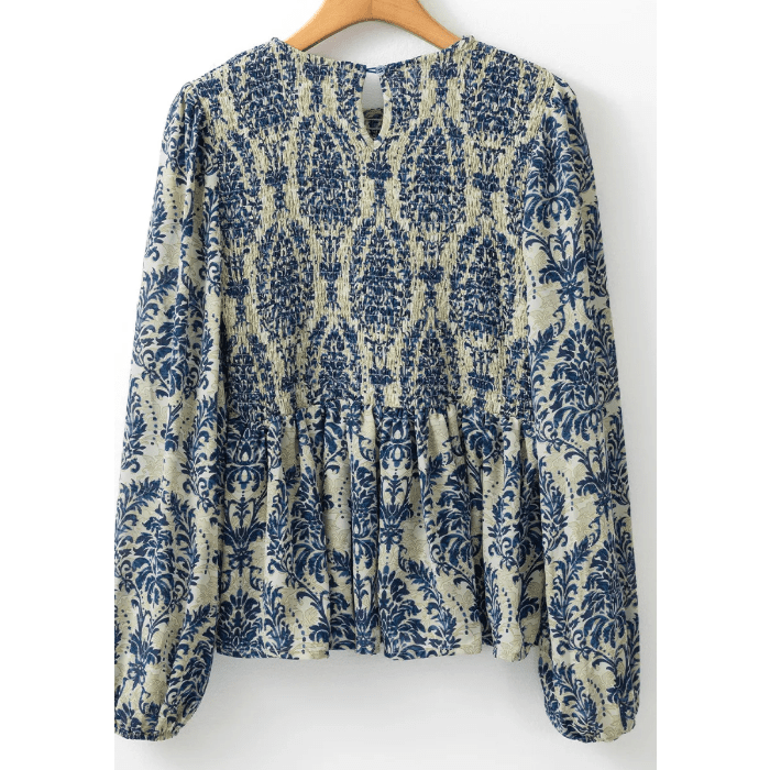 Terrie Sky Blue Boho Printed Balloon Sleeve Smocked Peplum Blouse