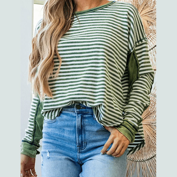 Arianna Green Stripe Thermal Knit Drop Shoulder Casual Top