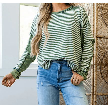 Arianna Green Stripe Thermal Knit Drop Shoulder Casual Top