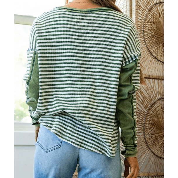 Arianna Green Stripe Thermal Knit Drop Shoulder Casual Top