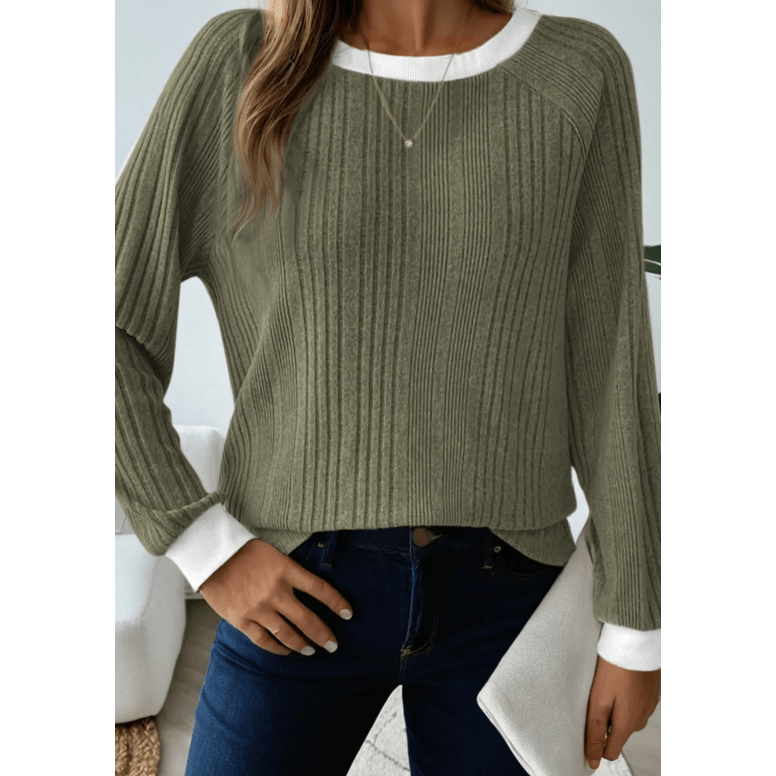 Billie Moss Green Ribbed Contrast Cuffed Round Neck Long Sleeve T Shirt