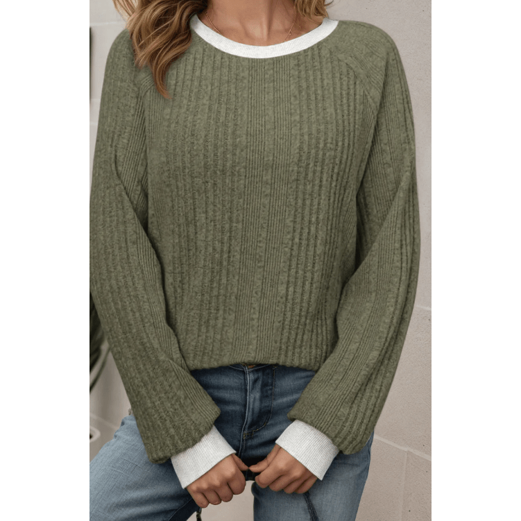 Billie Moss Green Ribbed Contrast Cuffed Round Neck Long Sleeve T Shirt