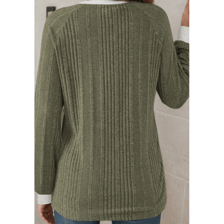 Billie Moss Green Ribbed Contrast Cuffed Round Neck Long Sleeve T Shirt