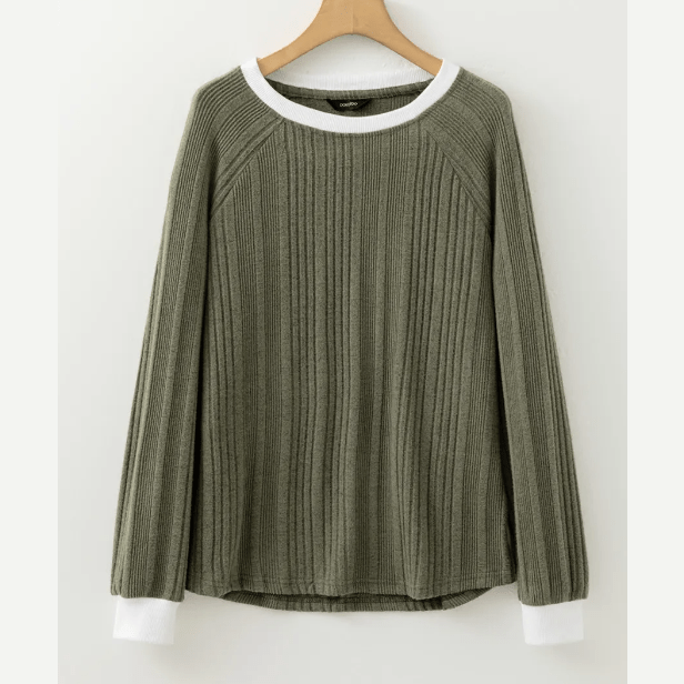 Billie Moss Green Ribbed Contrast Cuffed Round Neck Long Sleeve T Shirt