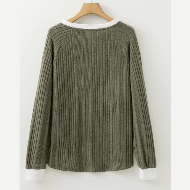 Billie Moss Green Ribbed Contrast Cuffed Round Neck Long Sleeve T Shirt