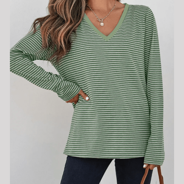 Estelle Green Stripe V Neck Stretchy Long Sleeve Top