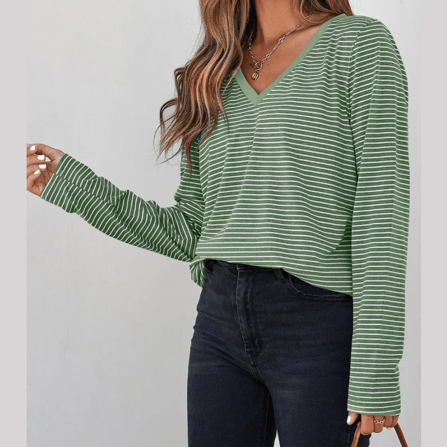 Estelle Green Stripe V Neck Stretchy Long Sleeve Top