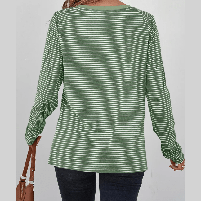 Estelle Green Stripe V Neck Stretchy Long Sleeve Top