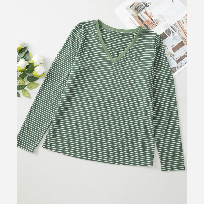 Estelle Green Stripe V Neck Stretchy Long Sleeve Top
