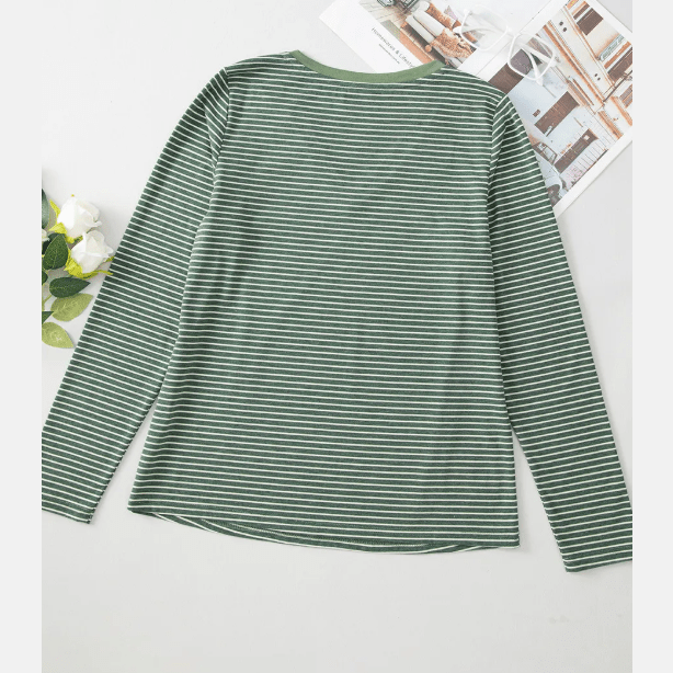 Estelle Green Stripe V Neck Stretchy Long Sleeve Top