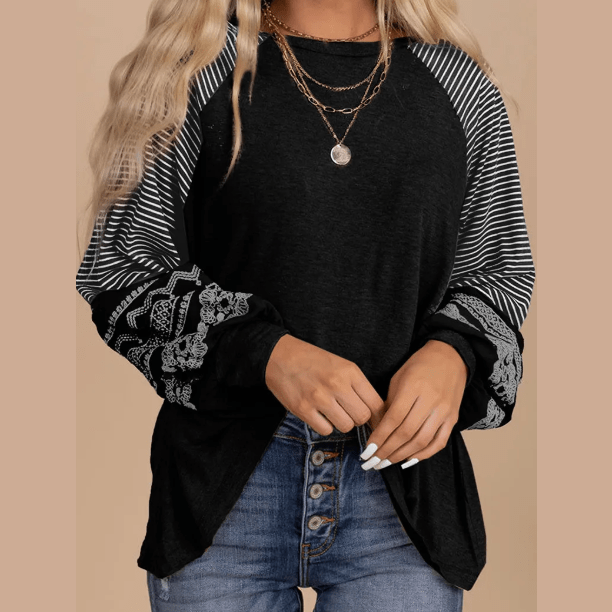 Flossy Black Contrast Print Striped Raglan Long Sleeve Loose Top