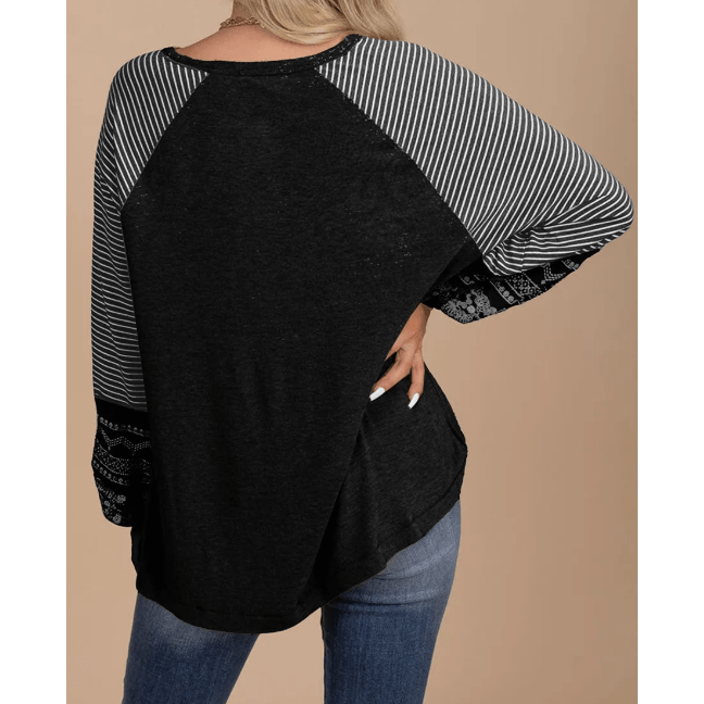 Flossy Black Contrast Print Striped Raglan Long Sleeve Loose Top