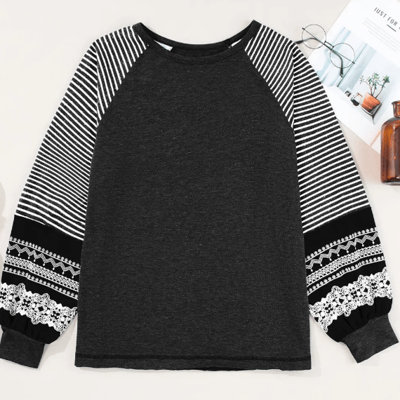Flossy Black Contrast Print Striped Raglan Long Sleeve Loose Top