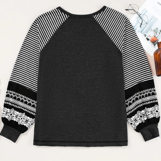 Flossy Black Contrast Print Striped Raglan Long Sleeve Loose Top