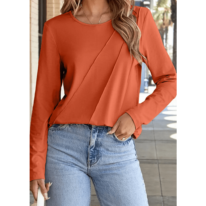 Indy Orange Asymmetric Seam Detail Solid Color Long Sleeve Top