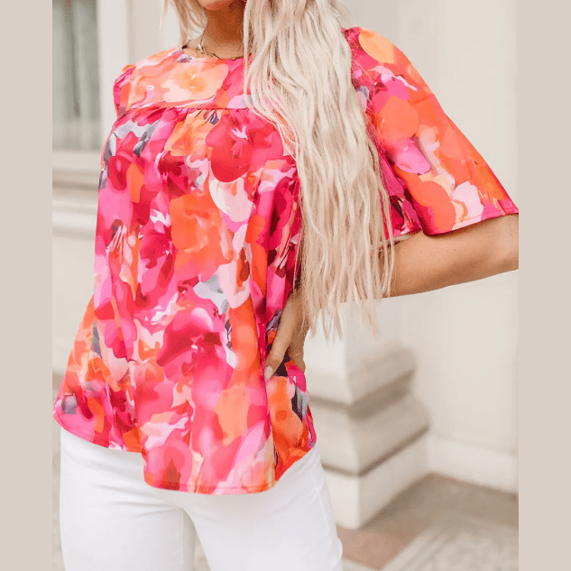 RTS Fiery Red Floral Print Wide Sleeve Blouse