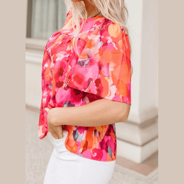 RTS Fiery Red Floral Print Wide Sleeve Blouse