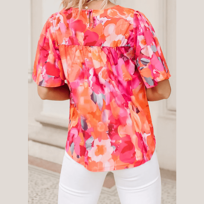 RTS Fiery Red Floral Print Wide Sleeve Blouse