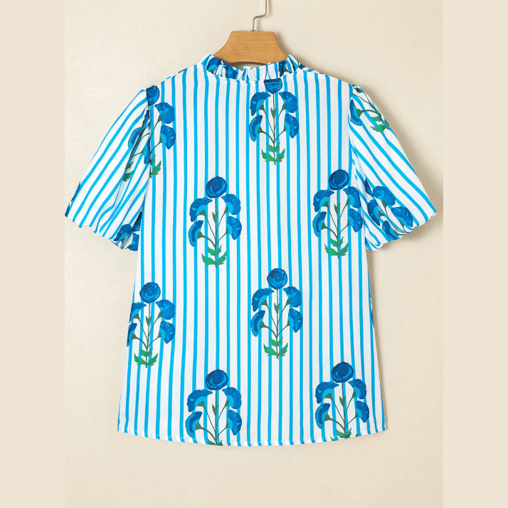 RTS Sky Blue Stripe Floral Buttoned Frilly Notched Neck Puff Sleeve Summer Blouse