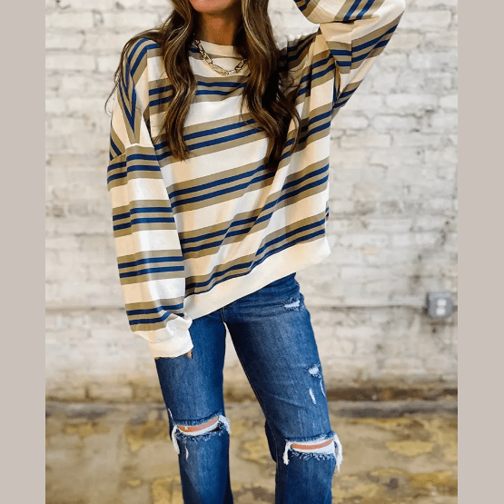 Arlynn Khaki Stripe Crew Neck Drop Shoulder Pullover Sweatshirt