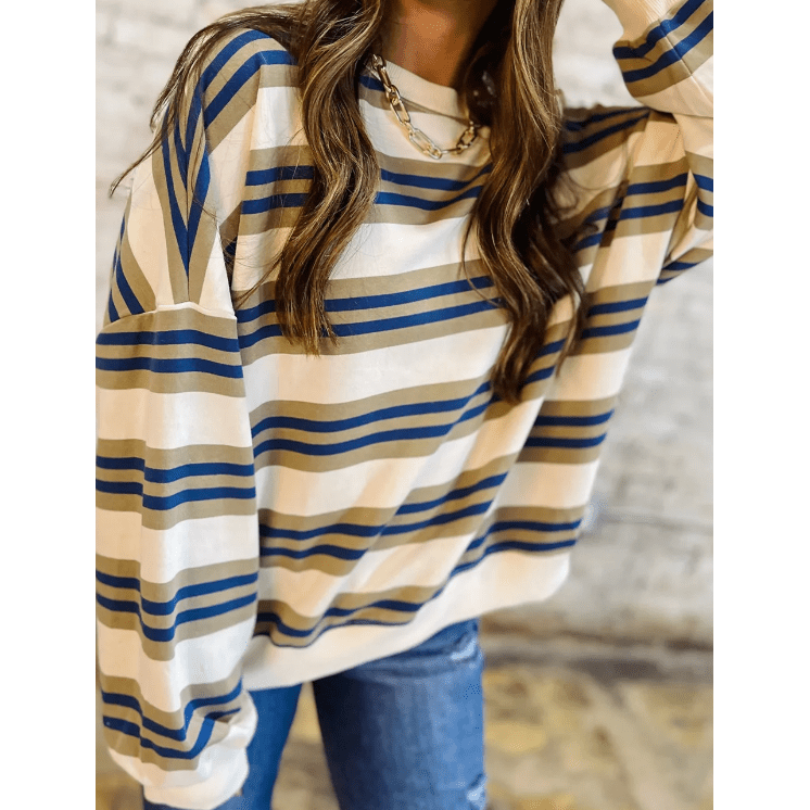 Arlynn Khaki Stripe Crew Neck Drop Shoulder Pullover Sweatshirt
