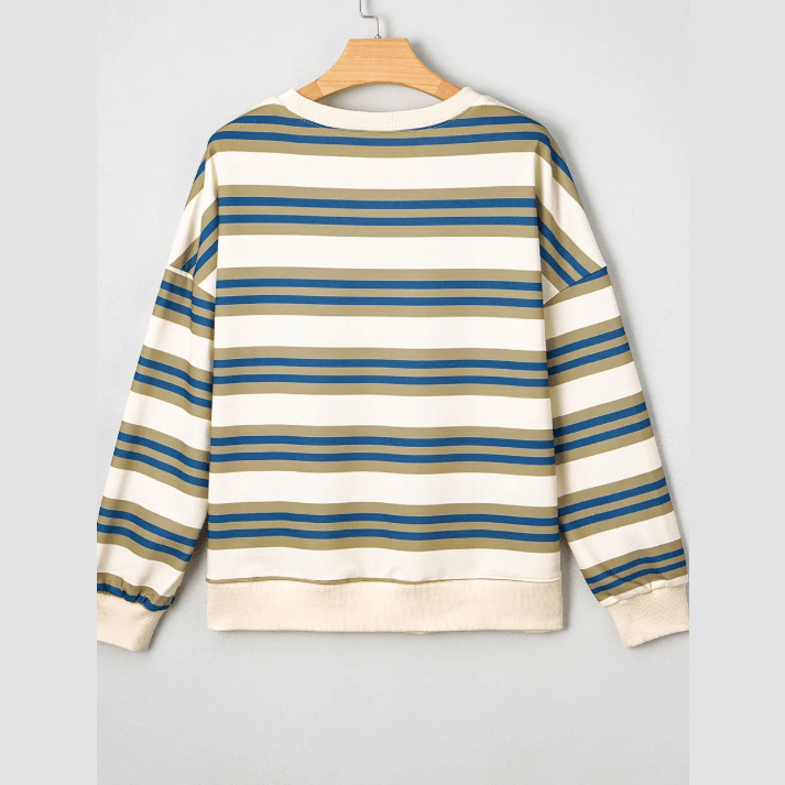 Arlynn Khaki Stripe Crew Neck Drop Shoulder Pullover Sweatshirt