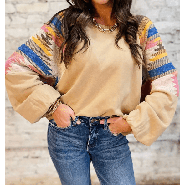Aztec Light French Beige Patchwork Raglan Pullover Sweatshirt