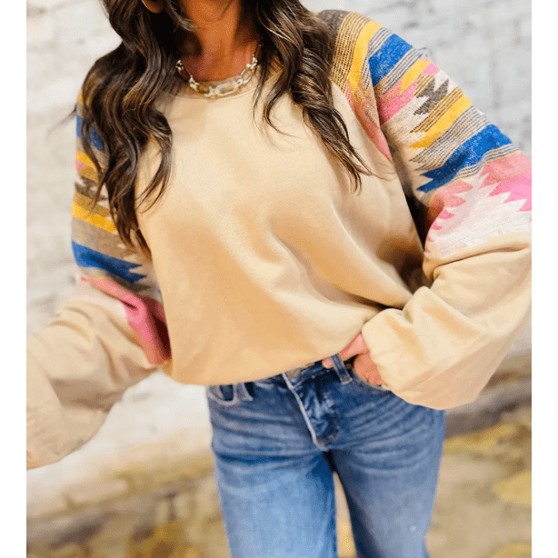 Aztec Light French Beige Patchwork Raglan Pullover Sweatshirt