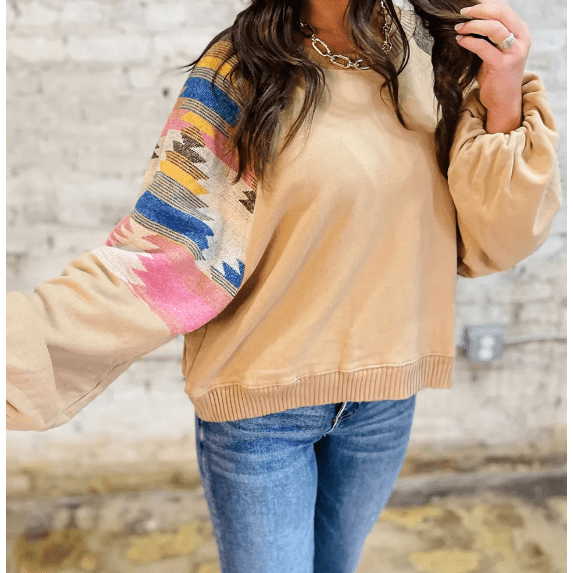 Aztec Light French Beige Patchwork Raglan Pullover Sweatshirt