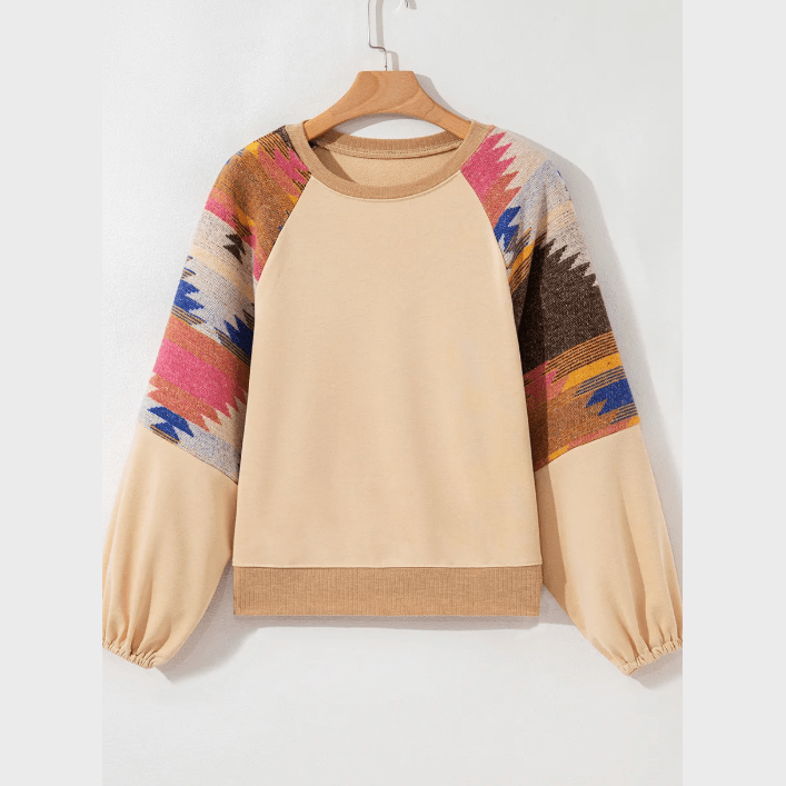 Aztec Light French Beige Patchwork Raglan Pullover Sweatshirt
