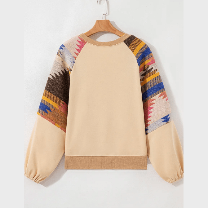 Aztec Light French Beige Patchwork Raglan Pullover Sweatshirt