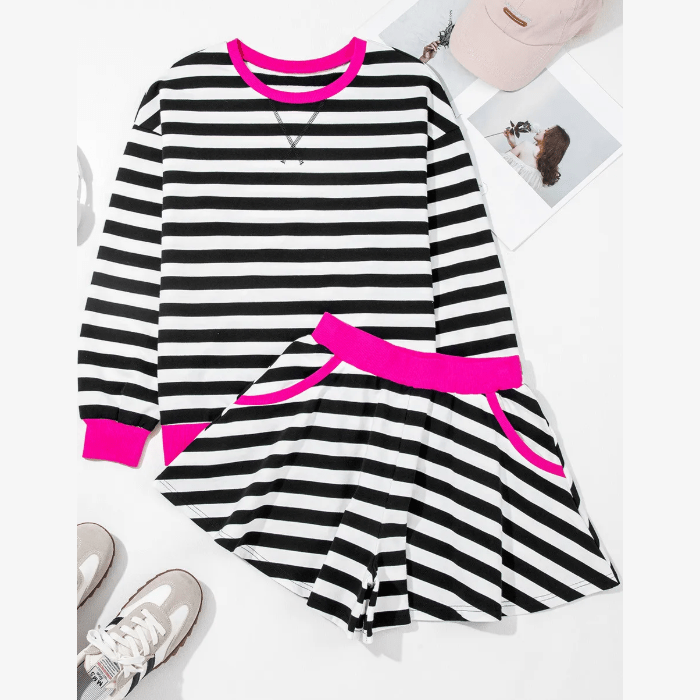 Bionda Black Stripe Contrast Ribbed Banding Long Sleeve Blouse Loose Shorts Set