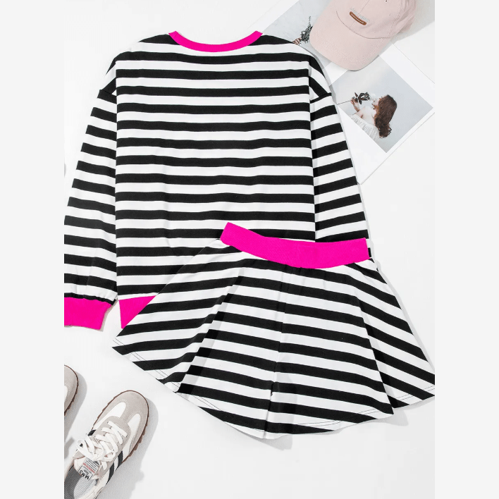 Bionda Black Stripe Contrast Ribbed Banding Long Sleeve Blouse Loose Shorts Set