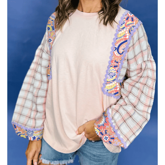 Nila Ricrac Trim Floral Plaid Patchwork Puff Sleeve Blouse