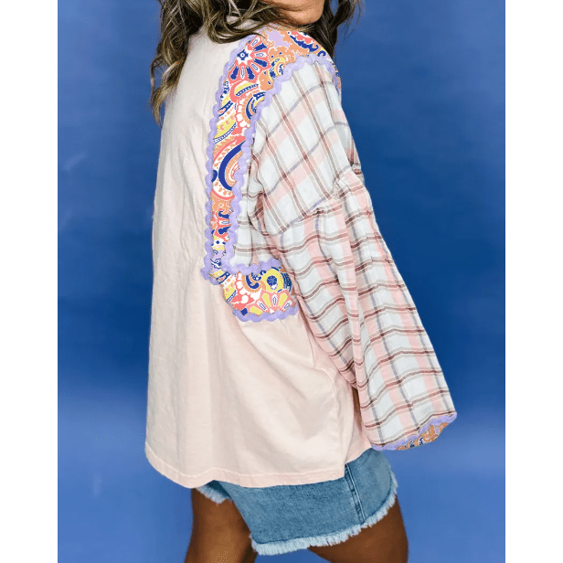 Nila Ricrac Trim Floral Plaid Patchwork Puff Sleeve Blouse