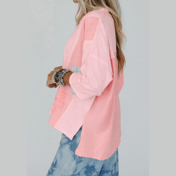 Renee Pink Flower Patched Exposed Seam Bracelet Sleeve Oversized T Shirt