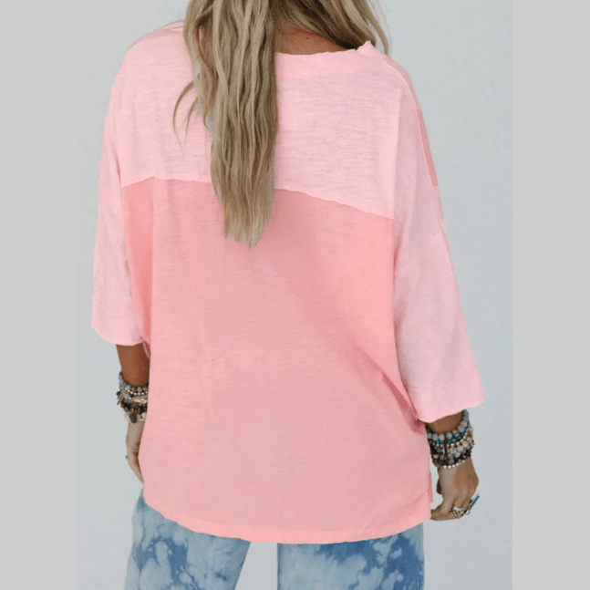 Renee Pink Flower Patched Exposed Seam Bracelet Sleeve Oversized T Shirt