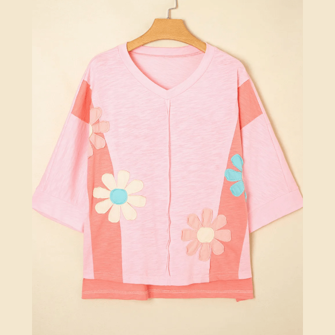 Renee Pink Flower Patched Exposed Seam Bracelet Sleeve Oversized T Shirt
