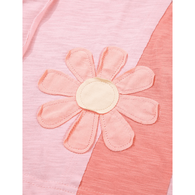 Renee Pink Flower Patched Exposed Seam Bracelet Sleeve Oversized T Shirt