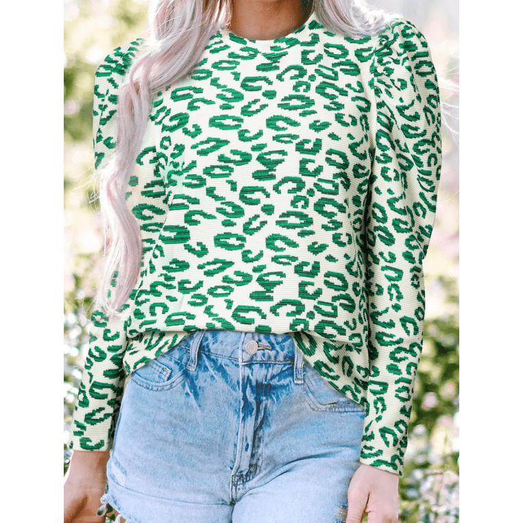 Shanna Green Leopard Print Mock Neck Puff Sleeve Top