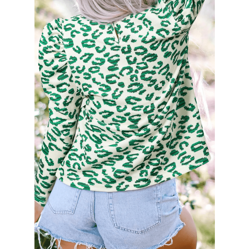 Shanna Green Leopard Print Mock Neck Puff Sleeve Top