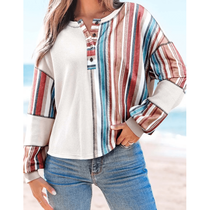 Bernadette Beige Striped Waffle Patchwork Exposed Seam Raw Edge Casual Knit Top